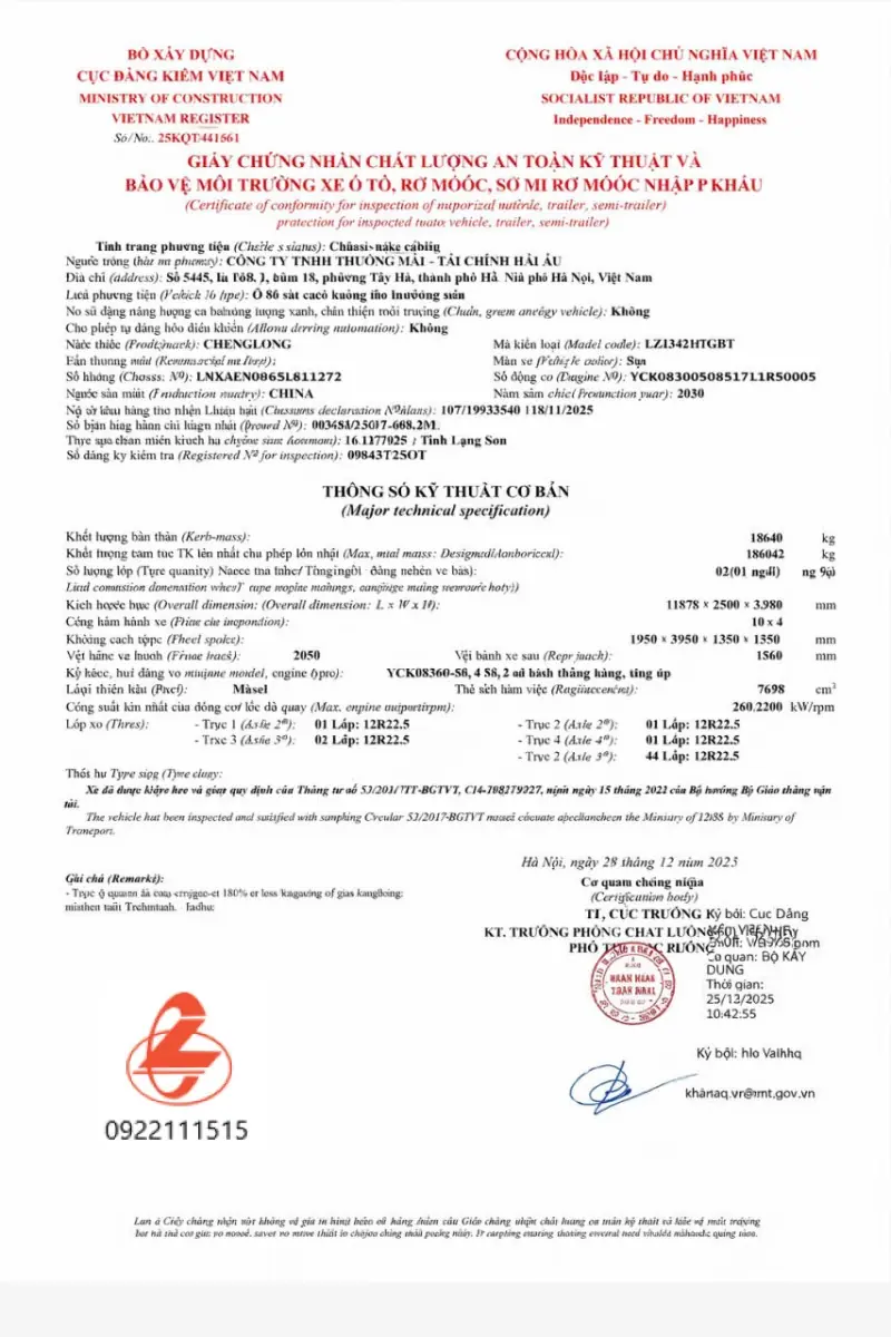 Phiếu xuất xưởng xe chenglong 5 chân